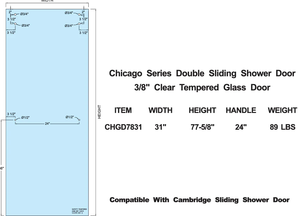 3/8" Tempered Glass for CRL Cambridge or Chicago Series Sliders - STANDARD SIZE SHOWER