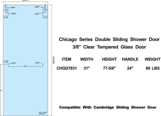 3/8" Tempered Glass for CRL Cambridge or Chicago Series Sliders - STANDARD SIZE SHOWER